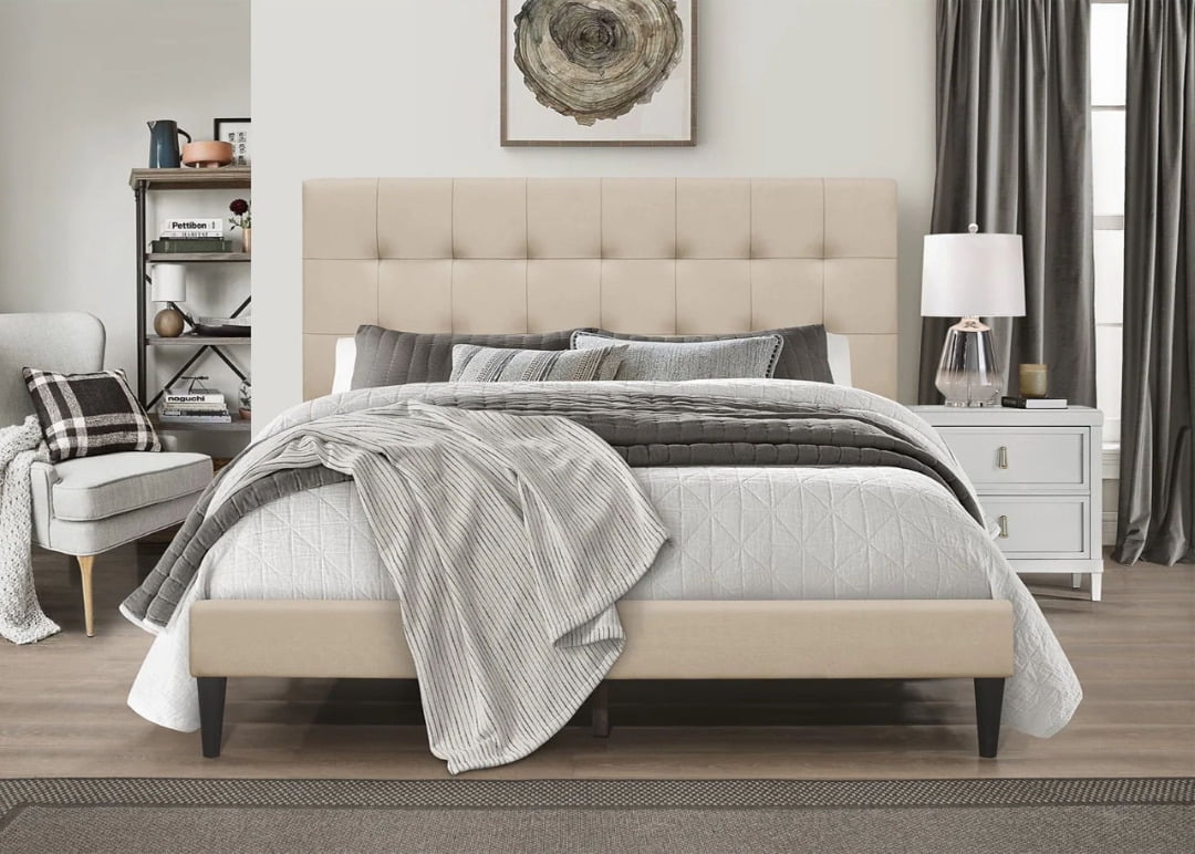 Harry Upholstered Full Platform Bed, Beige - Walmart.com