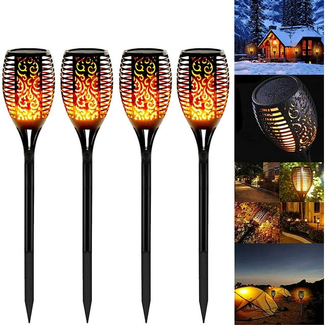 Paquete de 4 luces solares de llama, lámpara solar Swonuk, antorchas de jardín, IP65, luces solares impermeables para exteriores con llamas realistas, encendido/apagado automático, luz cálida para exteriores