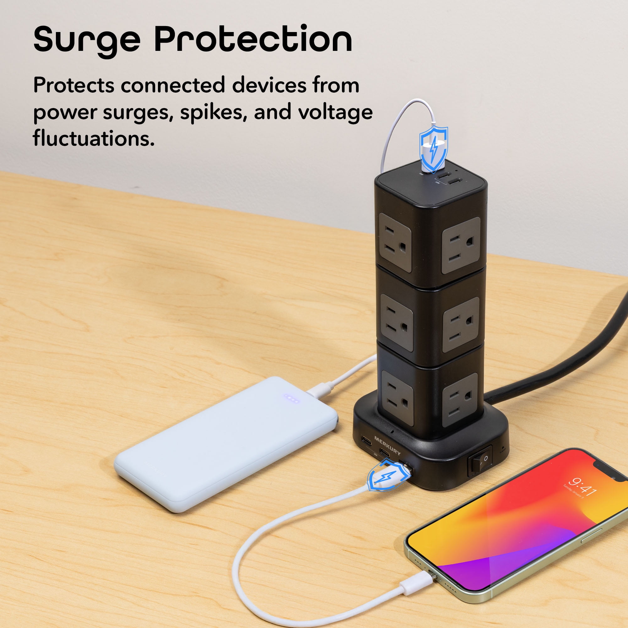 Merkury Innovations Power Tower Surge Protector, 14 AC, 6 USB-A, 4 USB-C, 4ft Cord, Black