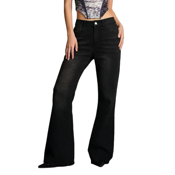 Women's Pants with Pockets,Women Low Rised Wide Leg Denim Pants Y2k Solid Baggy Flared Hem Jeans Stretch Bell Bottom Trousers