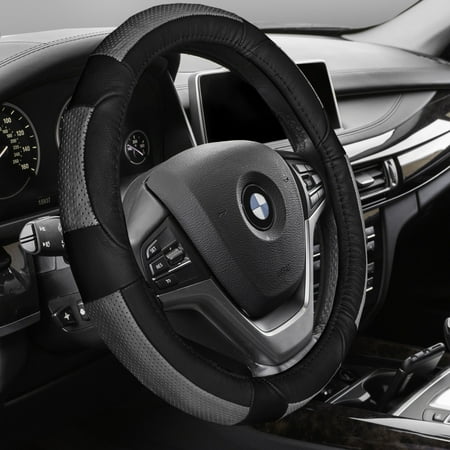 Premium Full Grain Leather - FH GROUP Premium Genuine Full Grain Leather Steering Wheel Cover, Gray and Black