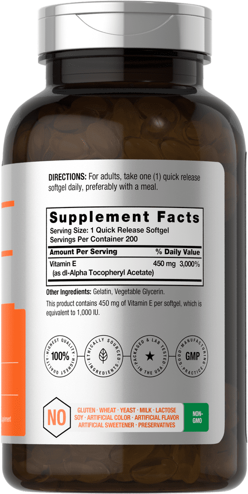 Vitamin E Capsules 1000 IU | 200 Softgels | Preservative Free | by Horbaach