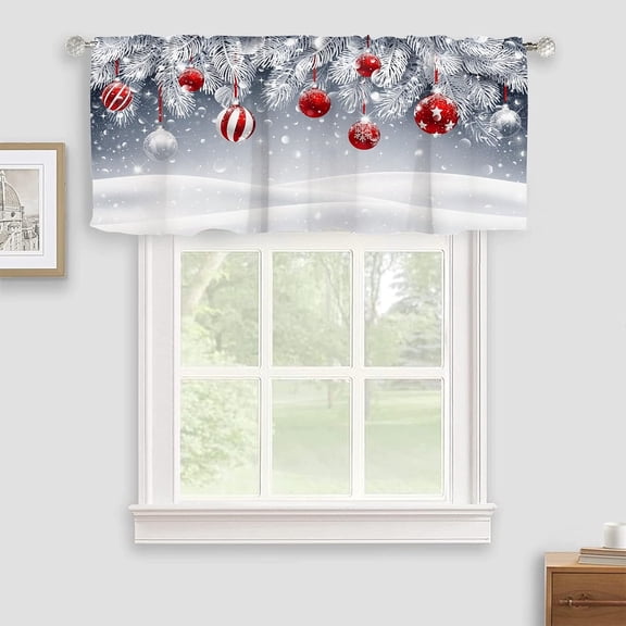 Red Christmas Ball Snowflake Valance Curtains for Windows Merry Christmas Rod Pocket Short Curtain Panel Window Decor for Kitchen Living Room Bedroom 54 x 18 Inch