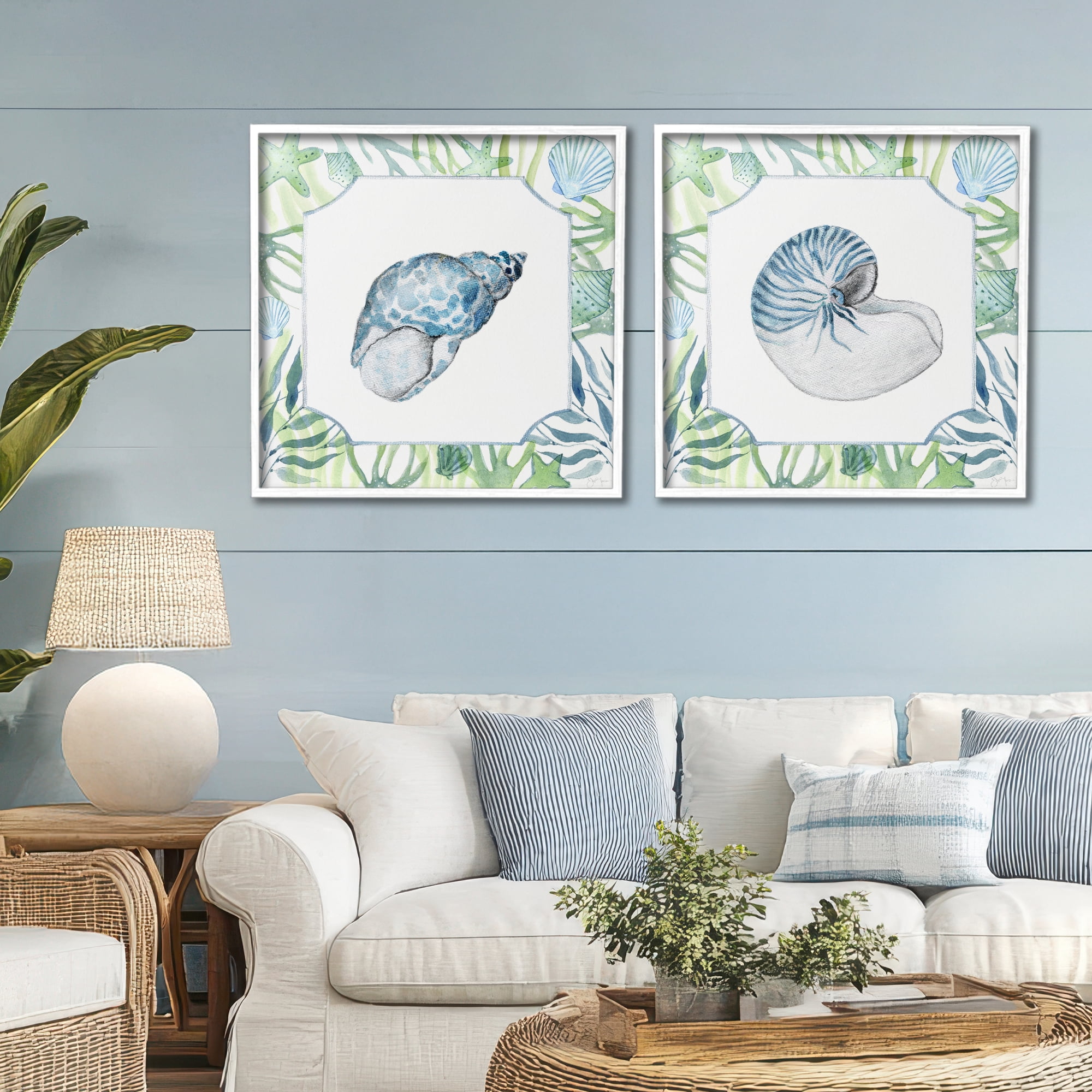 Stupell Industries Seaweed Bordered Seashells 2 Piece White Framed Giclee Art Set, design by Janet Tava