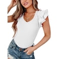 thumbnail image 3 of FOCUSNORM Women Ruffles Fly Sleeve Bodysuits Solid Color Knitted Ribbed V-Neck Skinny Rompers Summer Casual Playsuits, 3 of 9