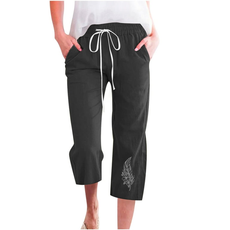 qILAKOG Women's Fashion Lightweight Cotton Linen Stretch Woven Body  Skimming Drawstring Capri Pant Loose Cropped Capris Cargo Joggers Pants  Straight