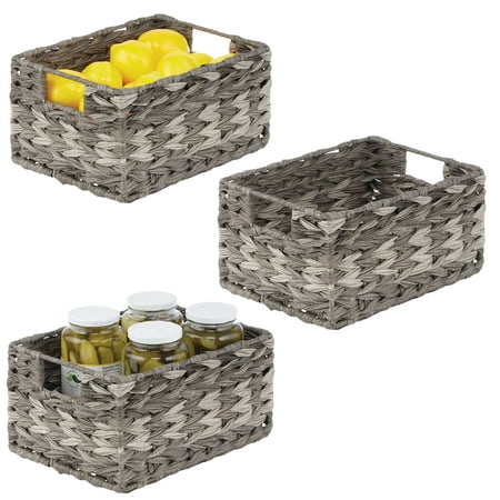 

mDesign Woven Farmhouse Kitchen Pantry Food Storage Organizer Basket Bin Box - Container Organization for Cabinets Cupboards Shelves Countertops - Store Potatoes Onions Fruit - 3 Pack Gray Ombre