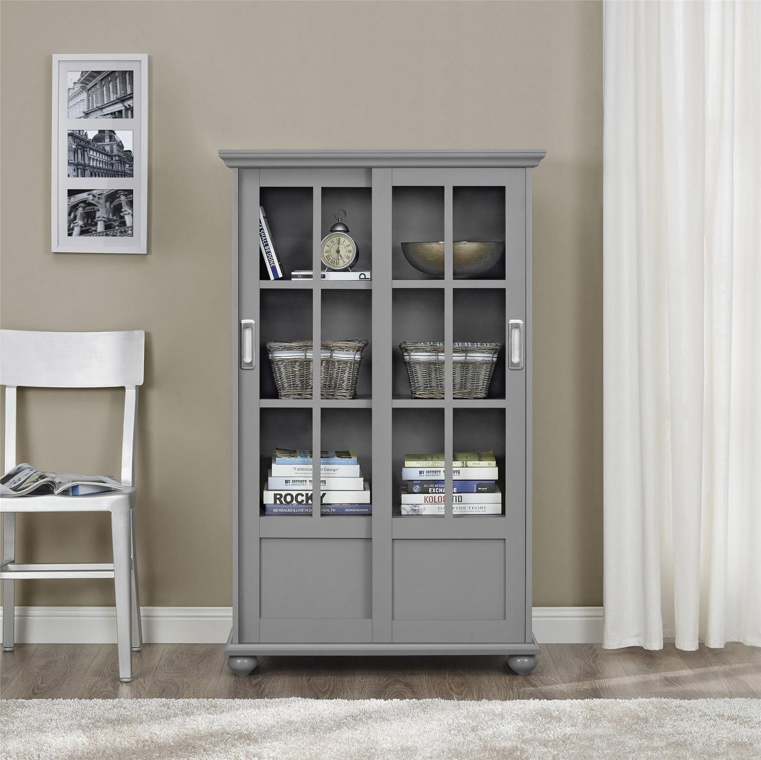 Ameriwood Home Aaron Lane Bookcase with Sliding Glass Doors, White