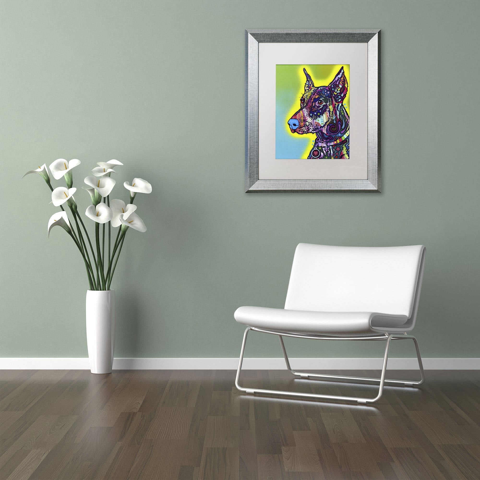 Trademark Fine Art "Doberman" Canvas Art by Dean Russo, White Matte, Silver Frame
