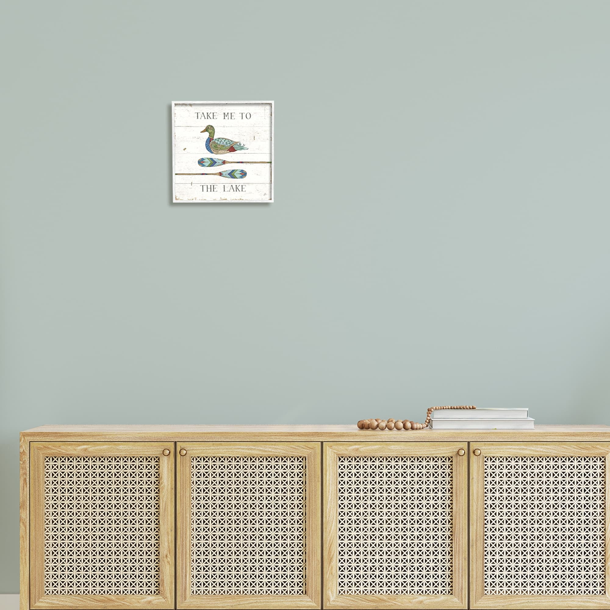 Stupell Industries Take Me To Lake Typography Patterned Duck & Ores Graphic Art White Framed Art Print Wall Art, Design by Daphne Brissonnet