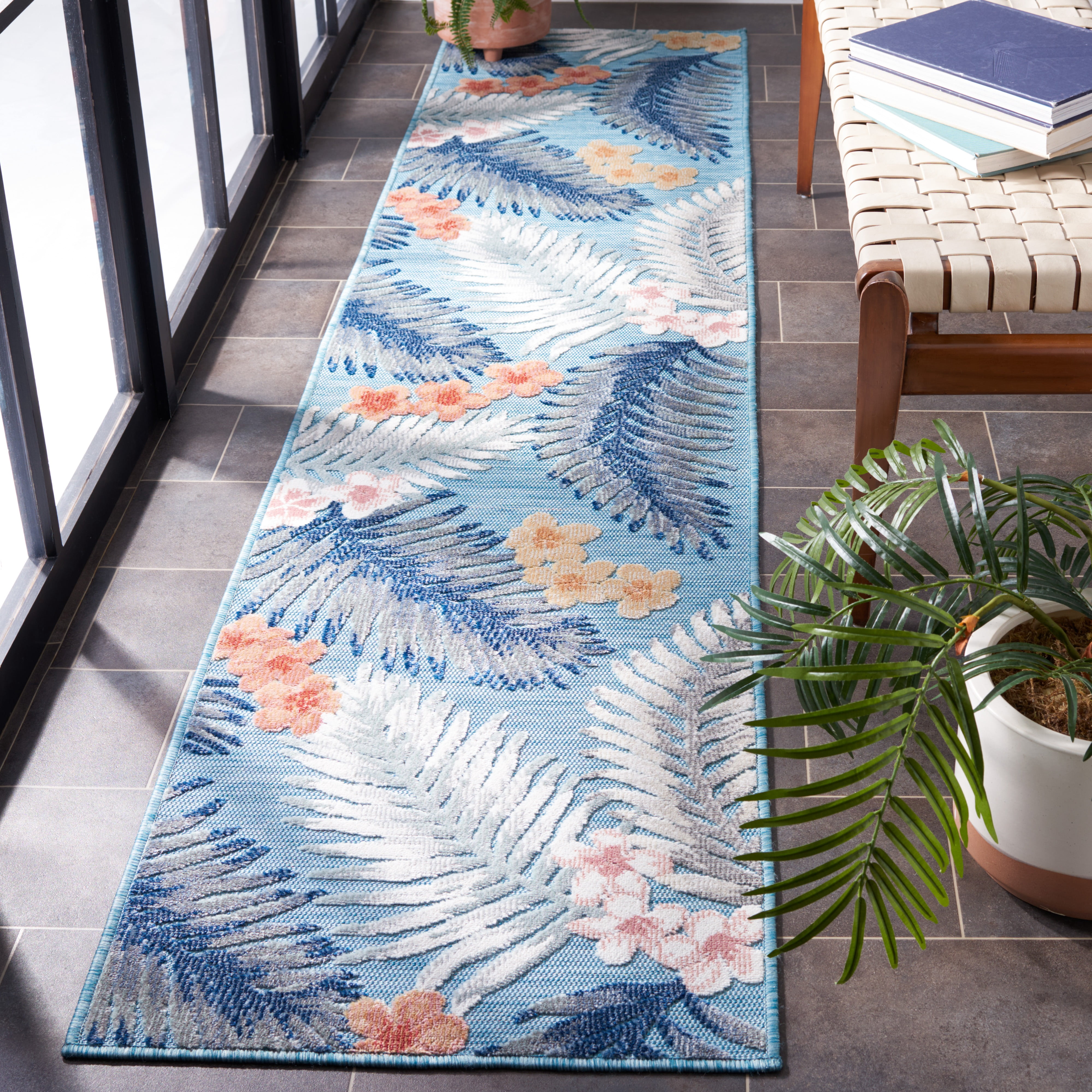 SAFAVIEH Cabana Kade Botanical Indoor/Outdoor Runner Rug, Aqua/Ivory, 2' x 5'