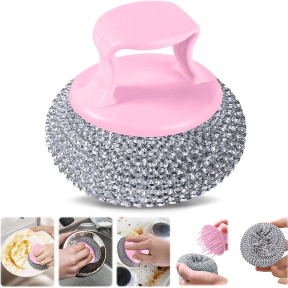 Steel Wool Scrubber with Handle, Multifunctional Metal Scrubber for Pan Pot, Metal Scouring Pads Dishwashing Stainless Steel Scrubbing Pads for Kitchen