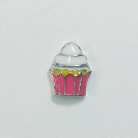 Enamel Locket Charm - 1 PC - Cupcake Food Cake Enamel Silver Floating Locket Charm F0330