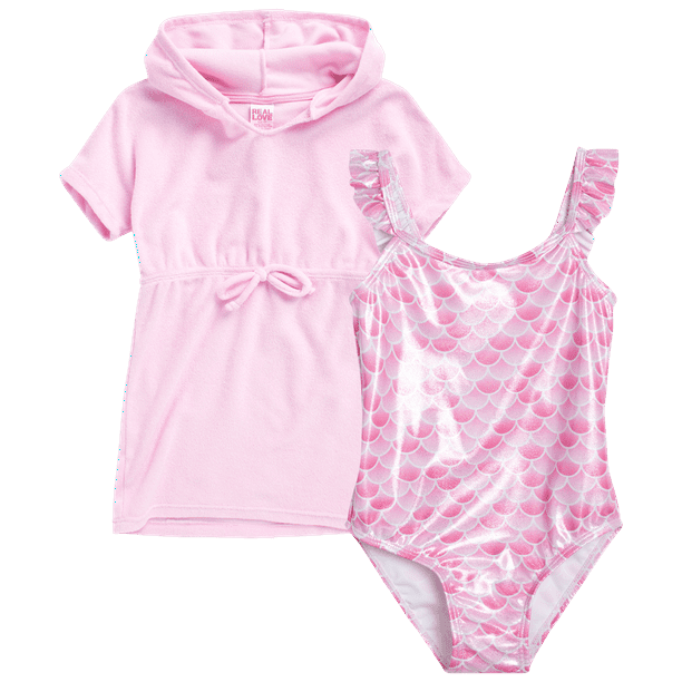 Real Love Girls' Swim CoverUp Set 2 Piece Hooded Terry Beach Robe