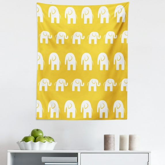 Animal Tapestry, Continuous Pattern of Animal with Big Ears and Trunk, Fabric Wall Hanging Decor for Bedroom Living Room Dorm, 5 Sizes, Earth Yellow White, by Ambesonne