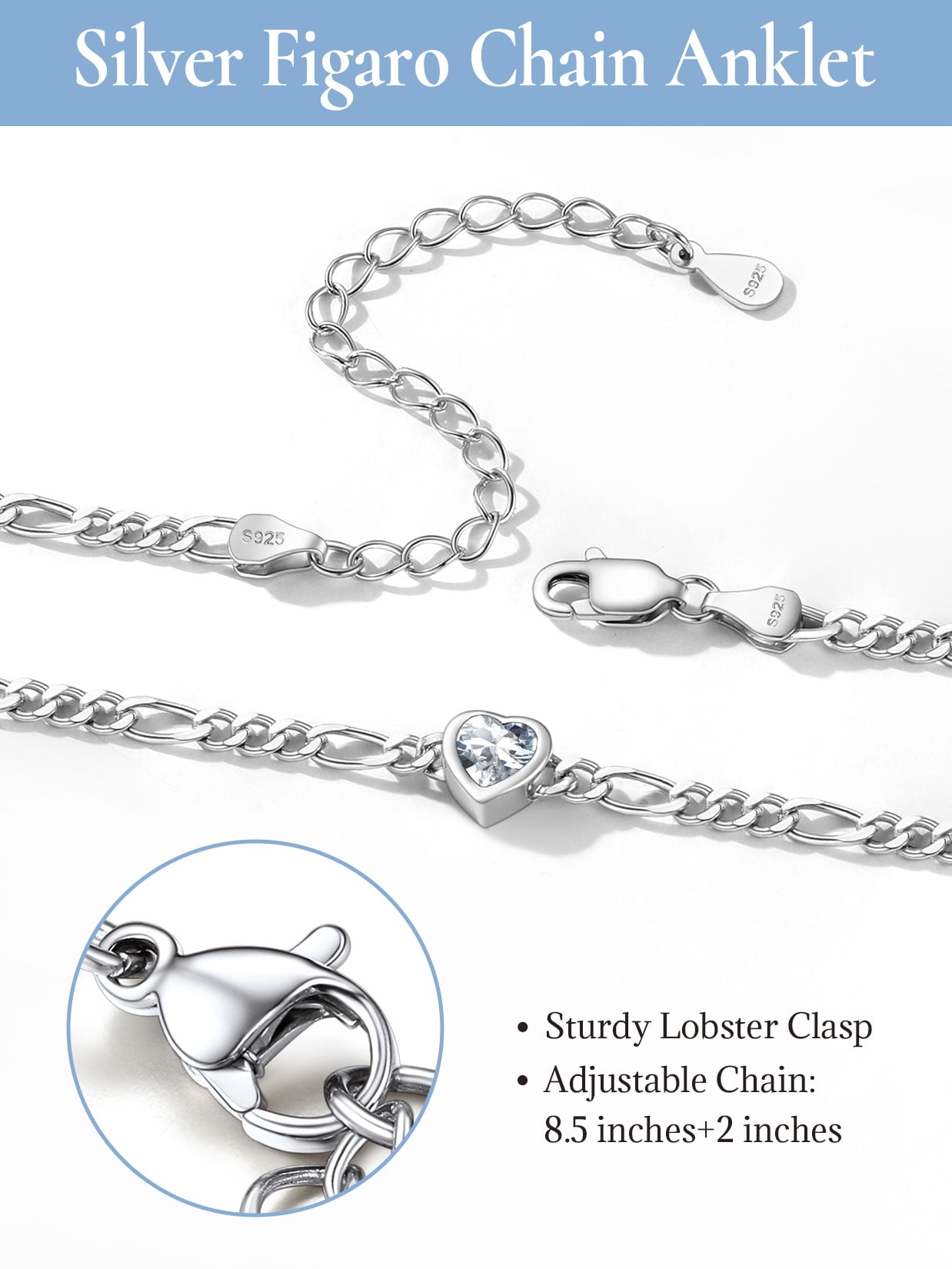 U7 Heart Anklet Bracelet for Women April White Diamond Sterling Silver Figaro Anklet Charming Summer Jewelry Gift Beach Foot Chain for Daughter