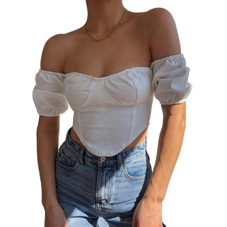 

Fanvereka Sexy Women Off Shoulder Corset Top Backless Short Sleeve Streetwear