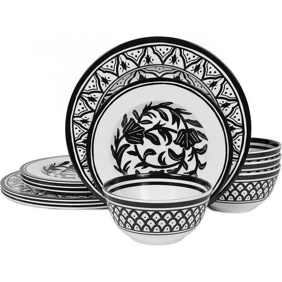 Melamine Dinnerware Sets-12pcs Melamine Plates and Bowls Set, Unbreakable, Dishwasher Safe, Indoor Outdoor Use, Black Pattern
