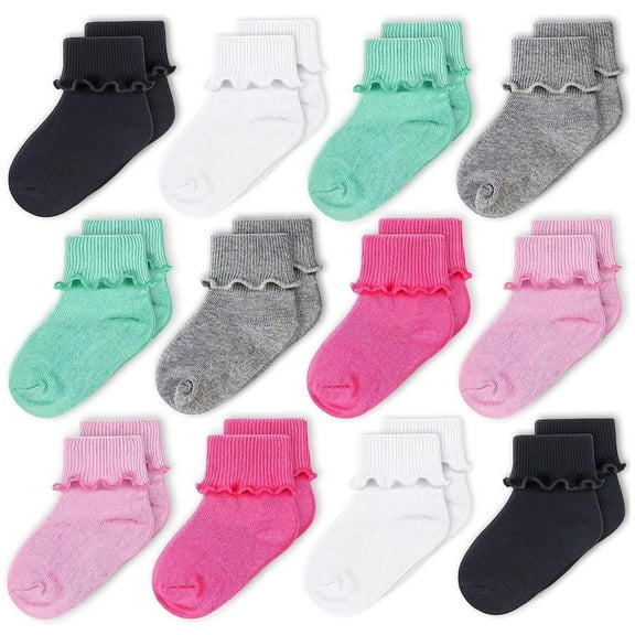 CozyWay Baby Girl Ruffle Ankle Socks - 0-9 Months 12-Pack - Black, Pink & Green - Soft Cotton & Breathable Infant Socks with Reinforced Toe & Stretchy Fit