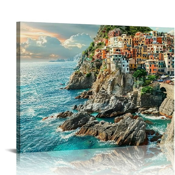 Shiartex Italy Cinque Terre Wall Art Manarola Sea Mediterranean Wall Art Amalfi Coast Painting Pictures Print On Canvas City The Picture for Home Modern Decor 16x12in