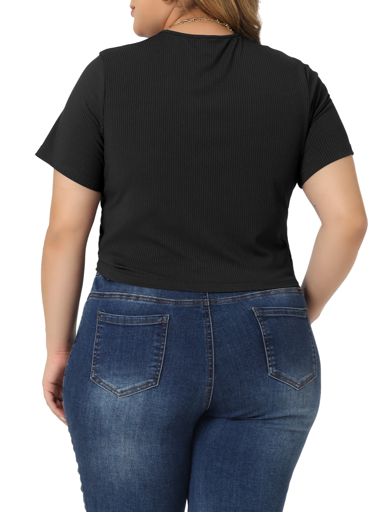 Women's Plus Size Twist Front V Neck Ribbed Short Sleeve Casual Solid Blouses Black 4X
