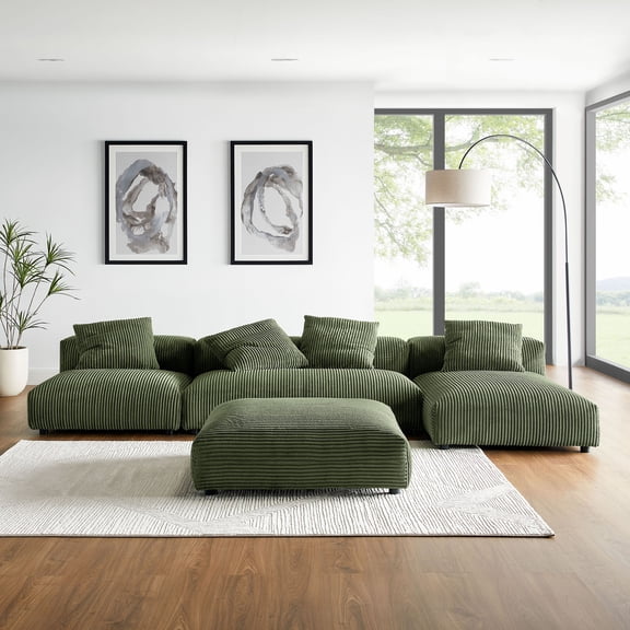 Modway Solace 4-PC Modular Corduroy Upholstery Sectional Sofa w/Ottoman in Fern
