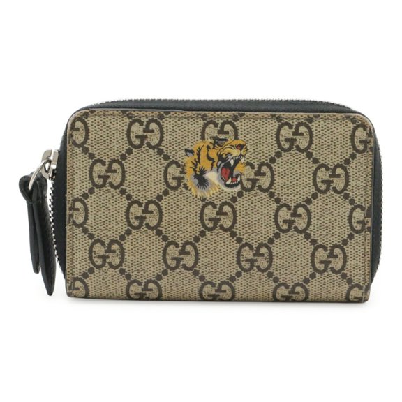 Pre-Owned GUCCI Bestiary GG Supreme Round Wallet/Coin Purse, Tiger Print, Beige, 546354