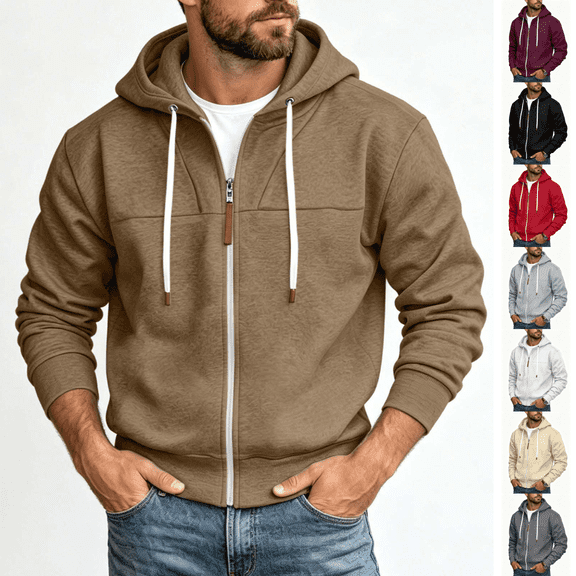 cocolona Mens Zip Up Hoodie Fall Winter Casual Long Sleeve Drawdtring Hooded Jacket Fashion Solid Color Sweatshirt Tops