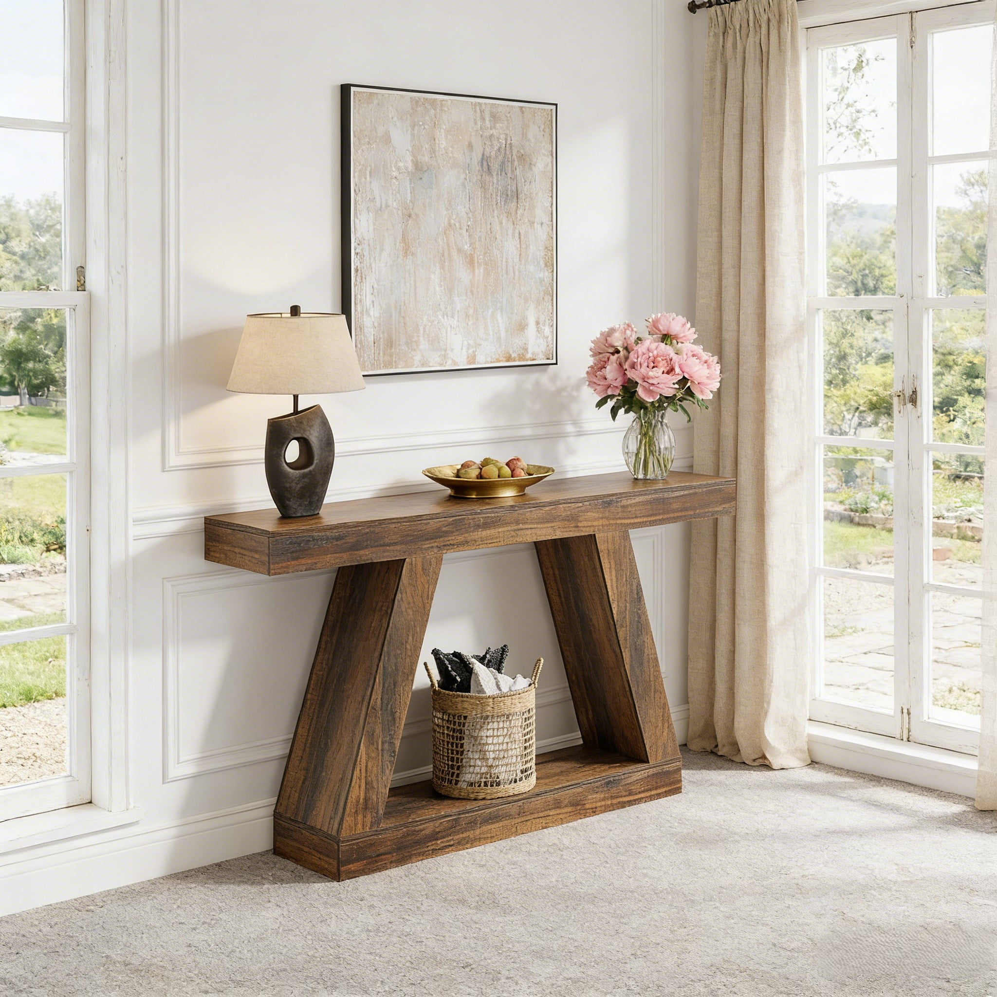 Fnova 55" Farmhouse Console Table, 2-Tier Storage Sofa Table, Long Wood Entryway Table for Hallway, Living Room, Easy Assembly