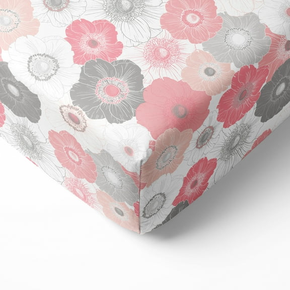 Bacati - Crib or Toddler Bed Fitted Sheet, Watercolor Flowers Coral Gray
