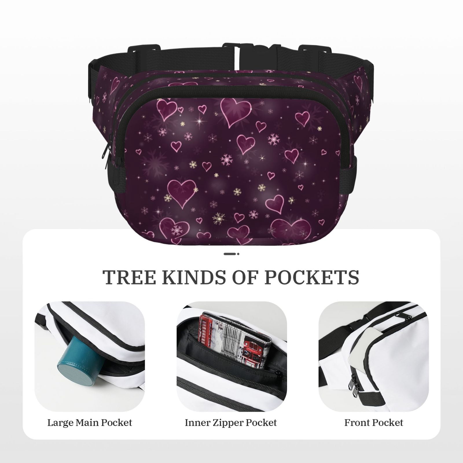 Picia Snowflakes and Hearts Print Square Double-Layer Waist Bag Mini Adjustable Waist Belt Bag Exercise Running Travel Hiking