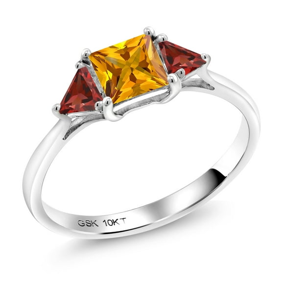 10K White Gold Yellow Citrine and Red Garnet 3 Stone Engagement Ring for Women | 1.00 Cttw | Gemstone Birthstone | Princess Center 5MM | Trillion 3.5MM | Available in Size 5, 6, 7, 8, 9