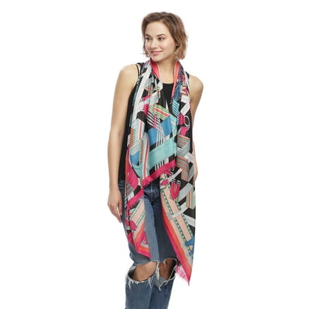 Linen Blend Scarf - Womens Cashmere Blend Stylish Geometric Design Printed Oblong Lightweight Fashion Scarf for Spring Summer Fall Season