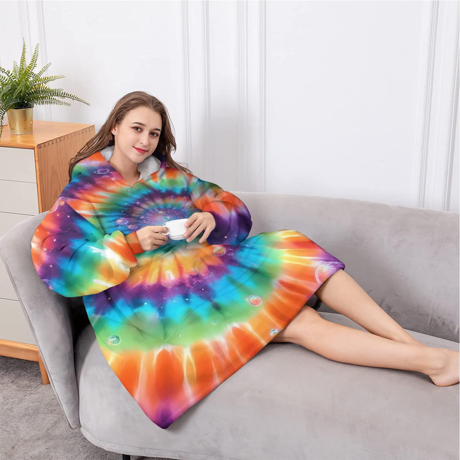 Oversized Wearable Blanket Hoodie,Rainbow Tie Dye Mandala Pattern Sherpa Blanket Hoodie with Super Pockets,Super Warm Fuzzy Pullover for Women & Men