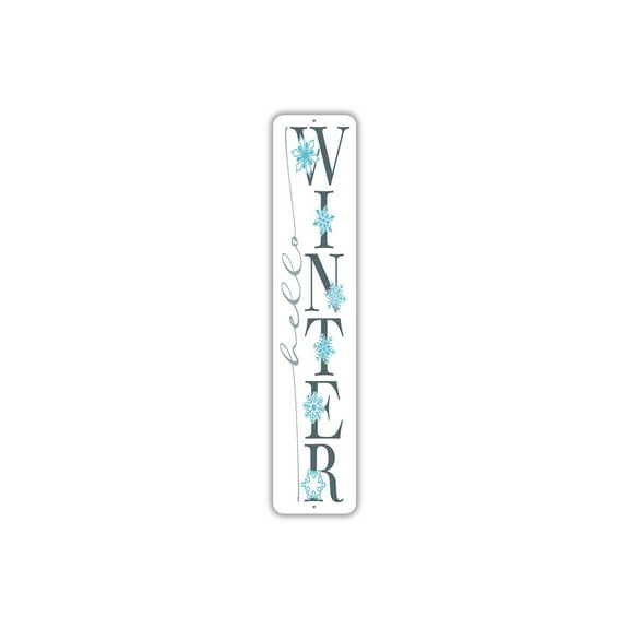 Hello Winter Vertical Aluminum Metal Decor Sign - 4x18 inches