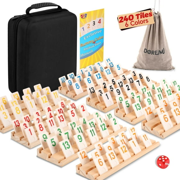 Doreimi Deluxe Rummy Cube Game Set 6-8 Players with 8 Wooden Racks & 240 Rummy Tiles | Travel & Family Board Game for Adults and Kids
