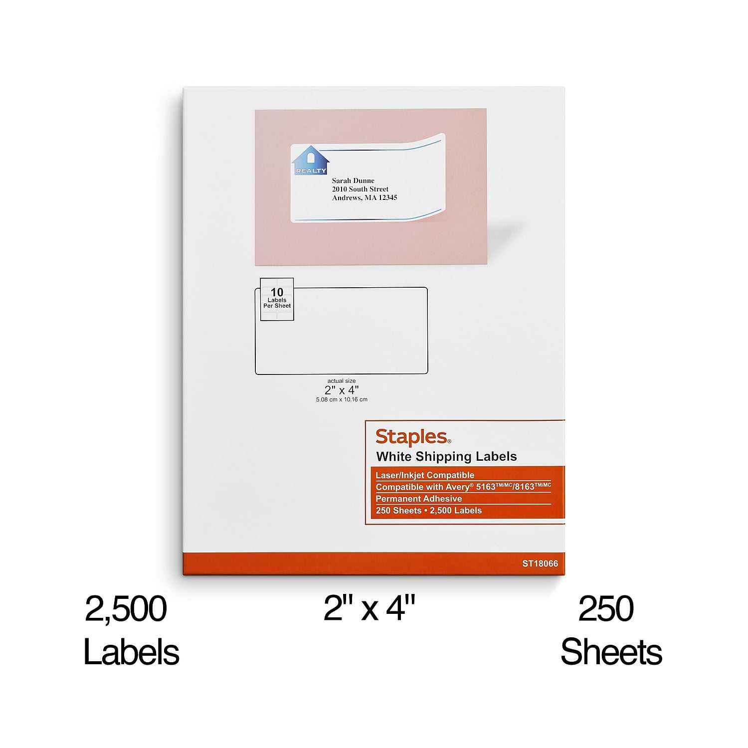 Staples Laser/Inkjet Shipping Labels 2" x 4" White 10 Labels/Sheet 5000/Carton ST18066-CCVS