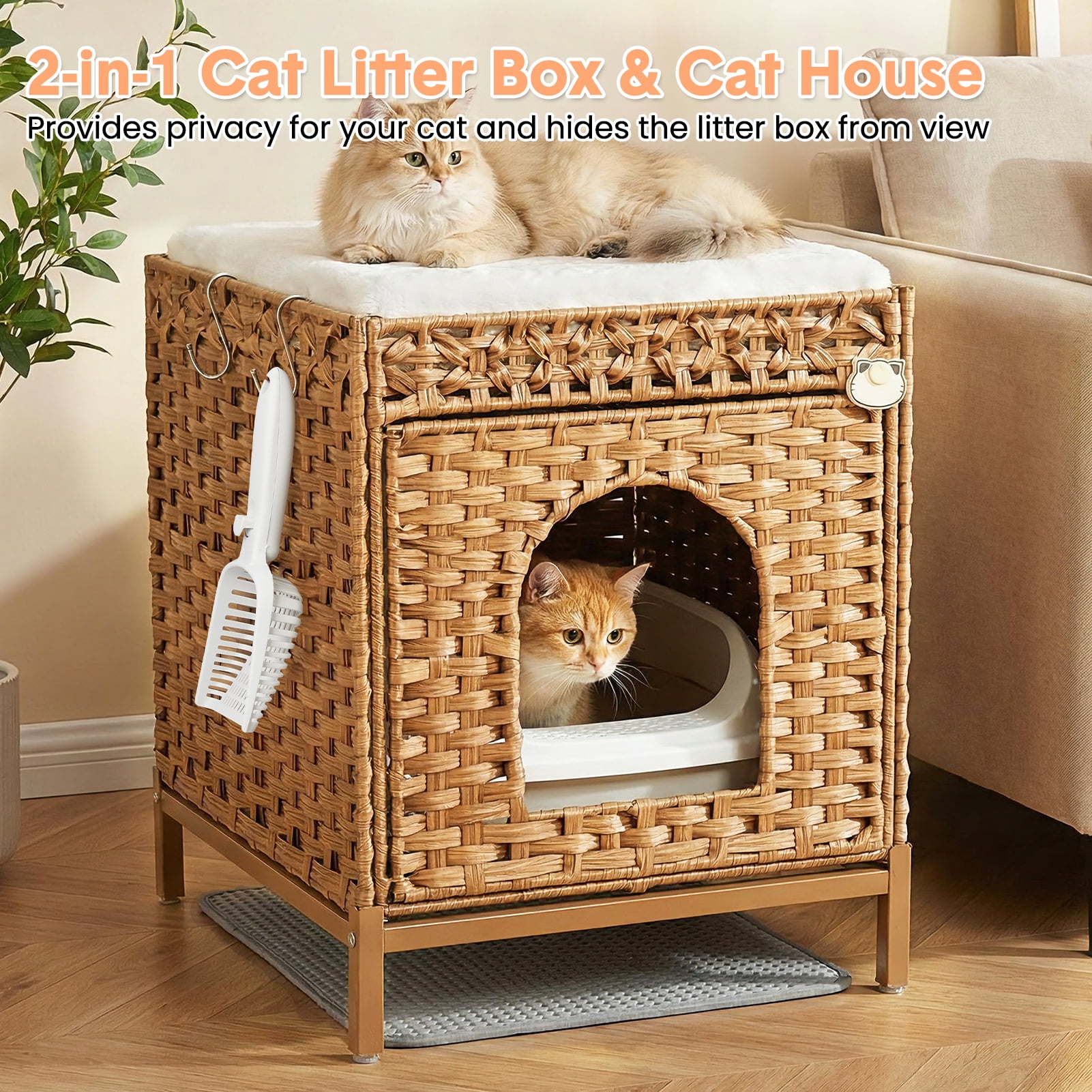Hidden Cat Litter Box Furniture with Rattan Handwoven Design, Elevated Metal Feet, Enclosed Cat House for Bedroom and Living Room