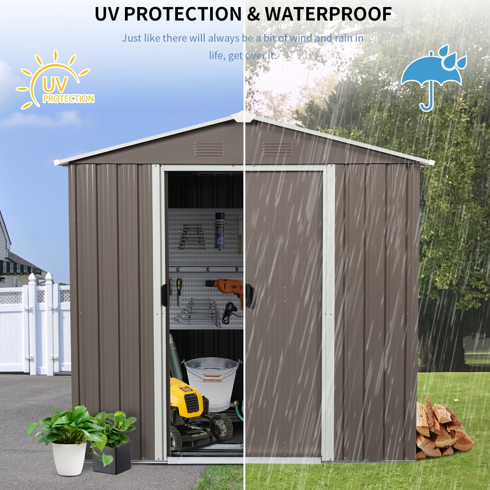 CarButler 6x5ft Metal Outdoor Storage Shed with Lockable Sliding Doors for Garden Backyard Patio Lawn Gray