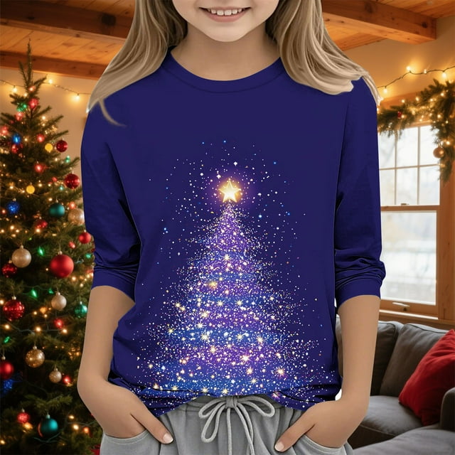 YUNAFFT T-Shirt Décontracté Imprimé de Noël pour Garçons et Filles, Manches 3/4, Col Rond, Tissu Doux et Extensible, Enfants 4-12 Ans
