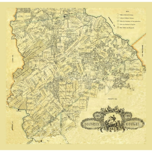Historic County Map - Houston County Texas - General Land Office 1868 - 23.60 x 23 - Vintage Wall Art