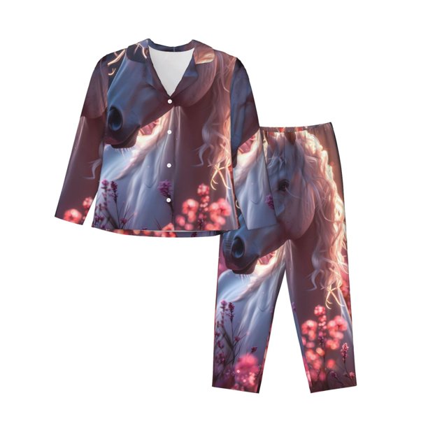 Balery Flower White Horse Conjunto de Pijama con Estampado para Mujer, Conjunto de Dos Piezas con Manga Larga, Ropa de Dormir Suave con Bolsillos, Pijamas Cómodos-Small