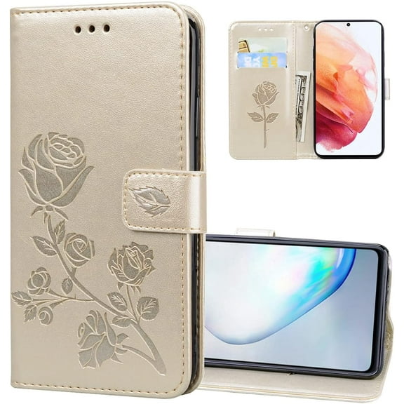 Wallet Case for Samsung Galaxy S22 Plus,Classic Rose Flower Pattern Shockproof PU Leather Case with Strong Magnetic Clasp and Card Slots Holder Cover for Samsung Galaxy S22 Plus MG Golden