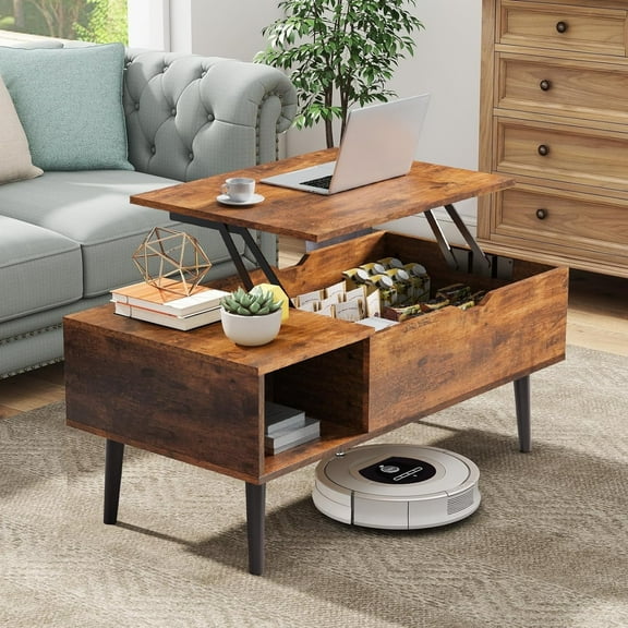 Lift Top Coffee Table with Hidden Compartment and Storage Shelf - Modern Wooden Center Table for Living Room, Small Rising Dining Table, Brown