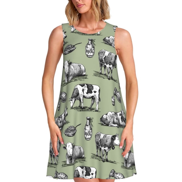 Fotbe Farm Cows Vestido de Verano sin Mangas para Mujer – Vestido Midi Línea A, Estilo Camiseta Floral, Vestido Playero Casual y Fluido