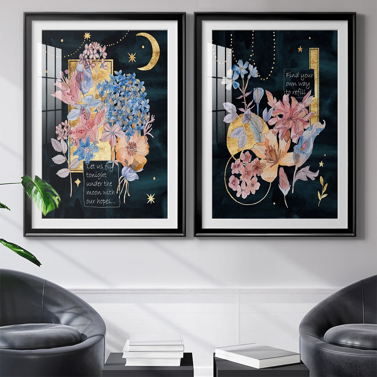 Wexford Home Moonlight Flowers I Premium Framed Print, 26.5" x 36.5" - Ready to Hang, Black (Set of 2)