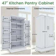 47 Kitchen Pantry Cabinet, White Buffet Cupboards Sideboard with Doors & Adjustable Shelves, Kitchen