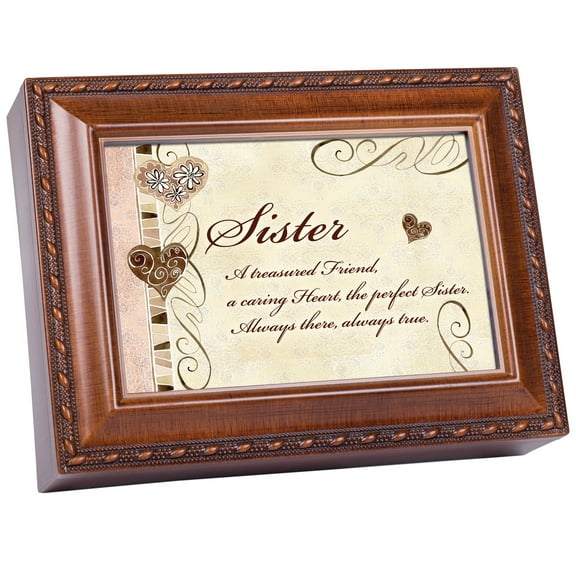 Sister Treasured Friend Woodgrain Rope Trim Jewelry Music Box Plays Wind Beneath My Wings