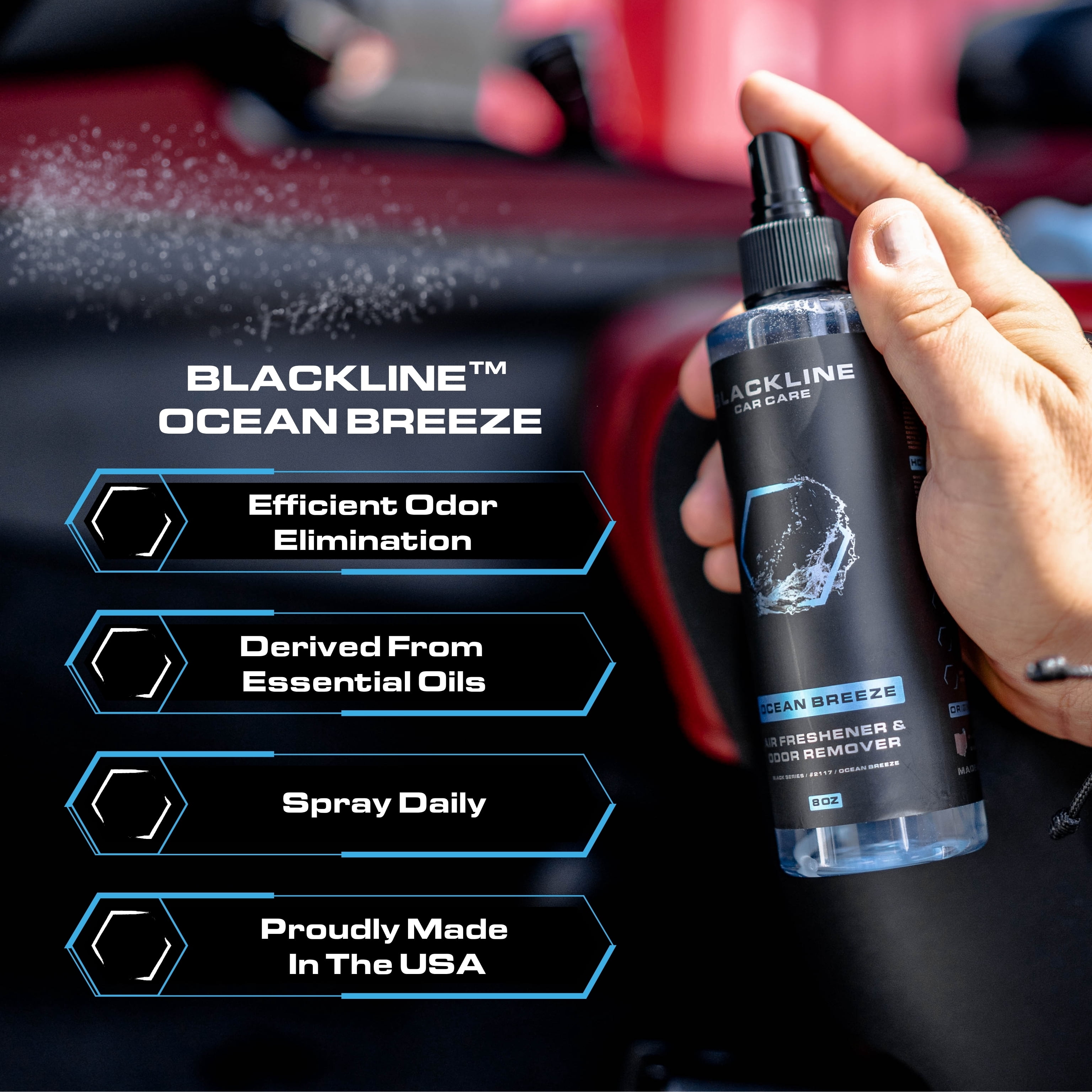Blackline Car Care - Ocean Breeze Car Air Freshener, Long-Lasting, Oder Eliminator, for Cars, Trucks, SUV, or Home Use - 8 fl OZ - Scent Spray