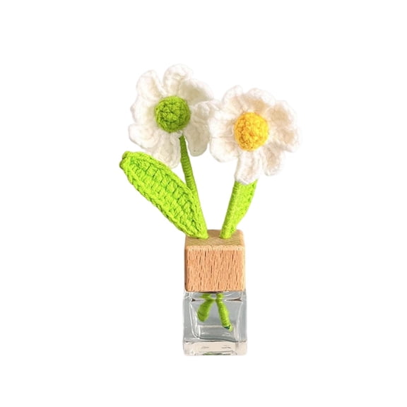 Refillable Car Air Freshener Perfume Bottle Vent Clip with Crochet Knitted Flower Glass Essential Oil Diffuser Bottle with Wooden Caps Auto Car Plant Vent Decor Ornament